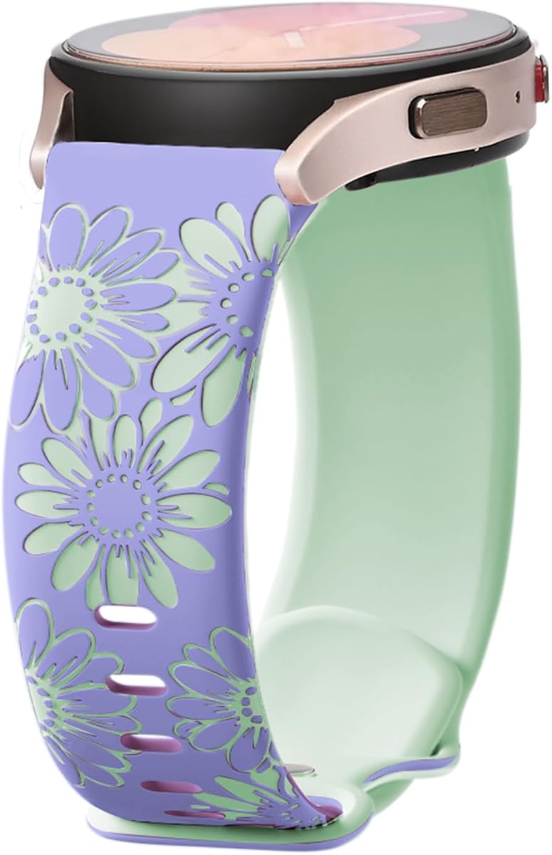 20mm Band for Garmin Vivoactive 5/6/Forerunner 165,Sunflower Engraved Women | Cute Flower Carved Two-Tone Soft Silicone Sport Strap for Forerunner 570 42mm/Galaxy Watch 7/6/5/4 40mm 44mm/Amazfit Active 2