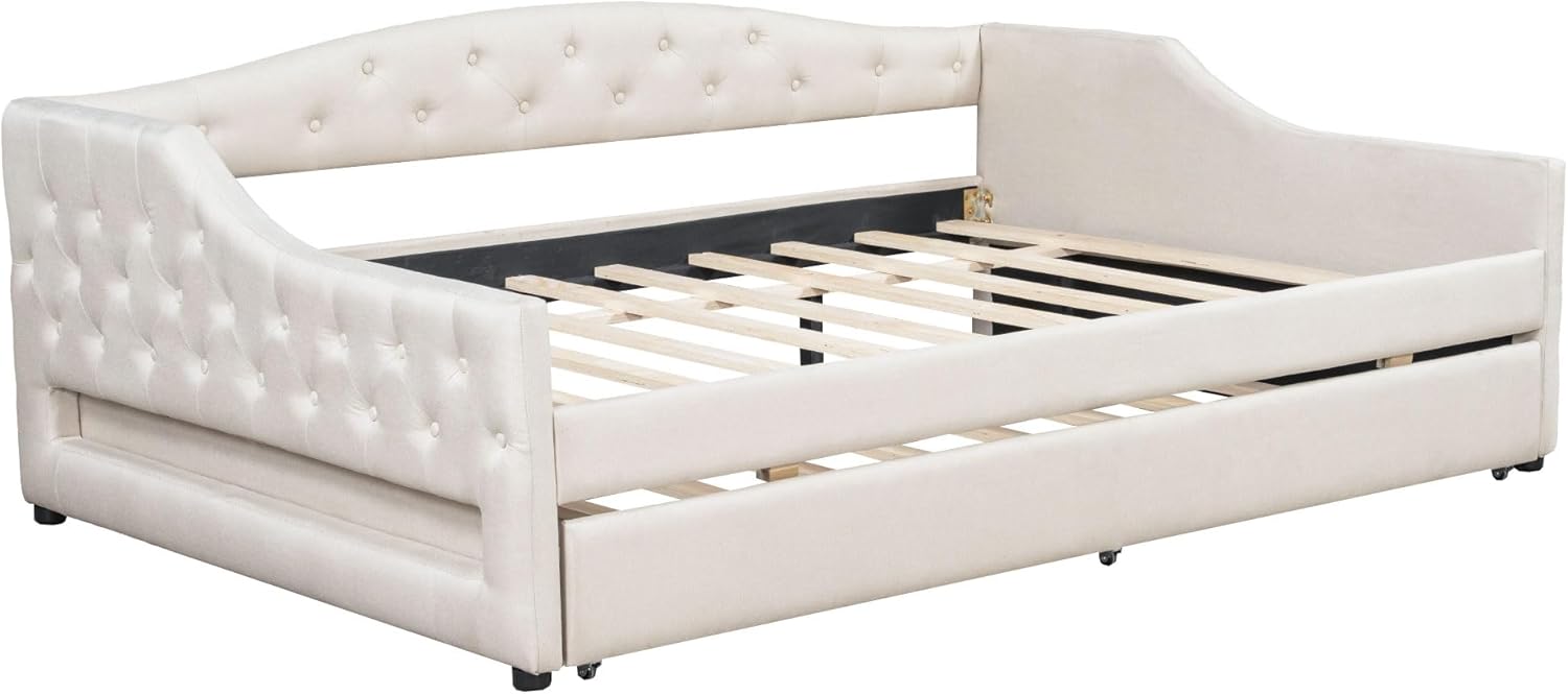 Upholstered Full XL Size Daybed with LED Belt and Trundle, Modern Linen Upholstery Daybed Sofa Bed Frame for Living Room Bedroom Guest Room, No Box Spring Required (Beige-4.30)