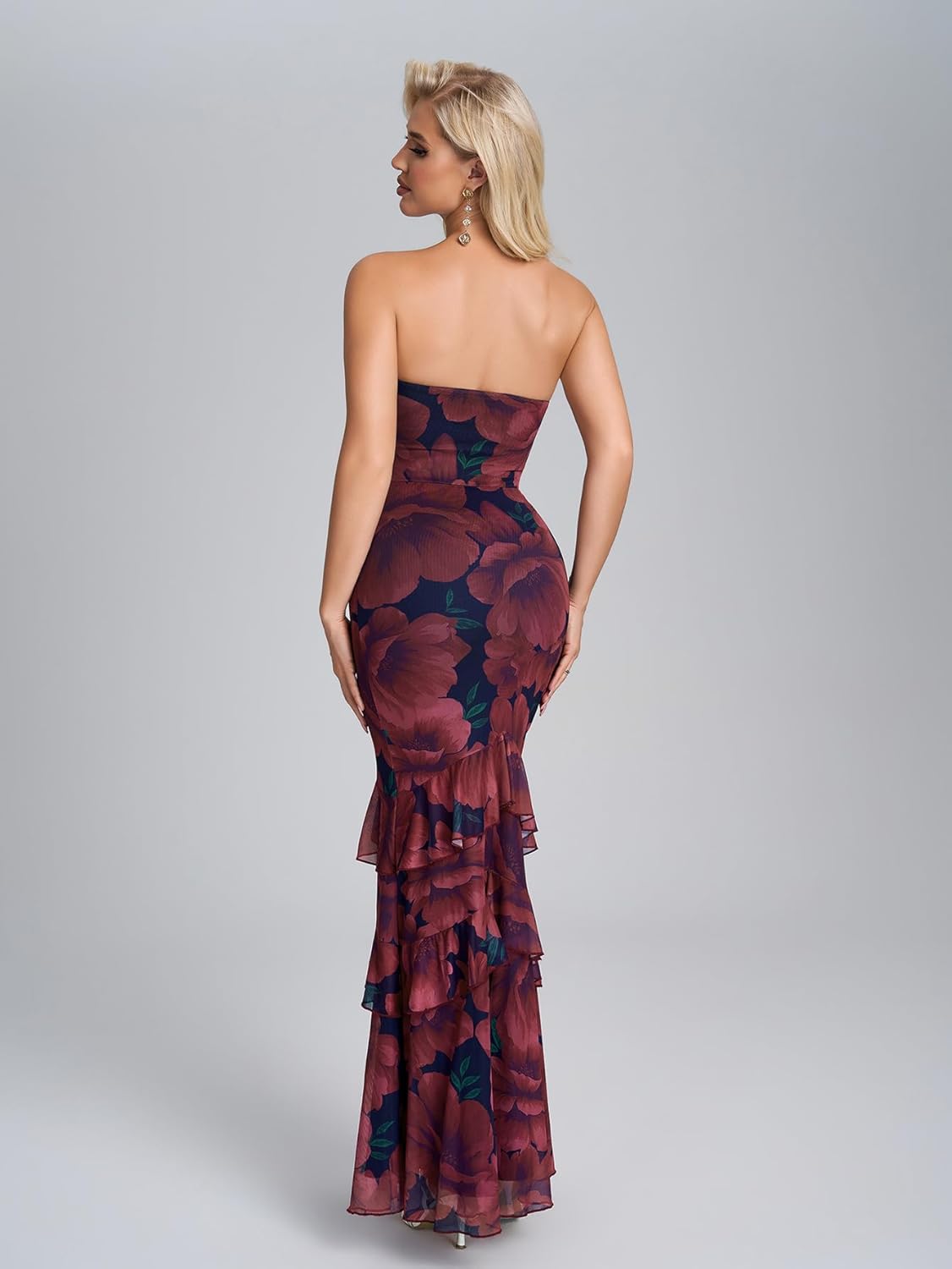 Parthea Women Strapless Floral Mermaid Maxi Dress Ruffled Bodycon Wedding Guest Formal Party Gown - Image 2