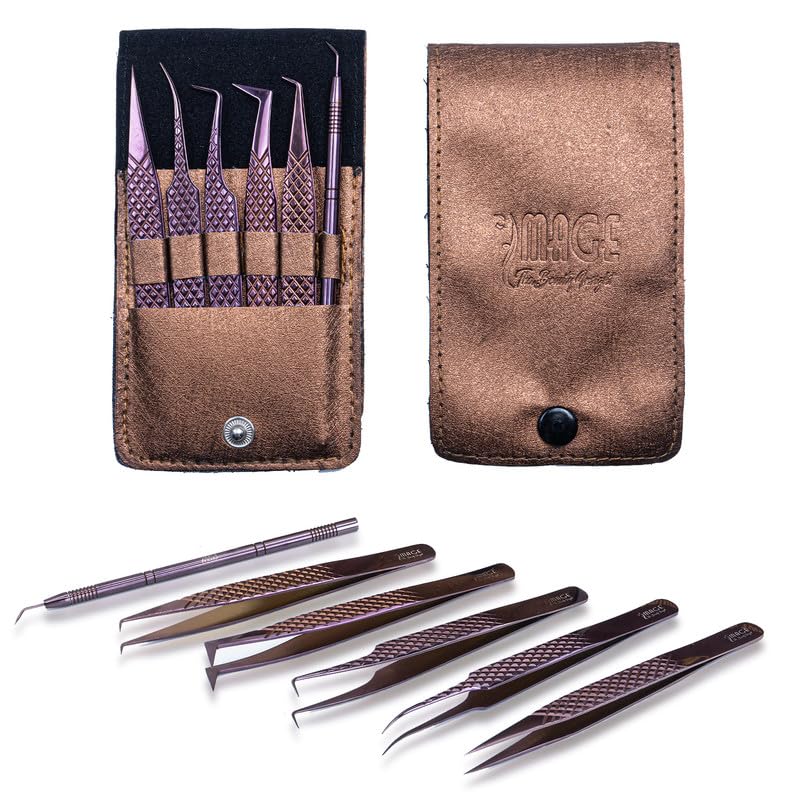 Image Lash Tweezers Set, 6 Pcs Stainless Steel Tweezer Set with Leather Case, Professional Eyelash Tweezers for Extensions with Titanium Coated Tips, Eyelash extension tweezers (Metalic-Rose)