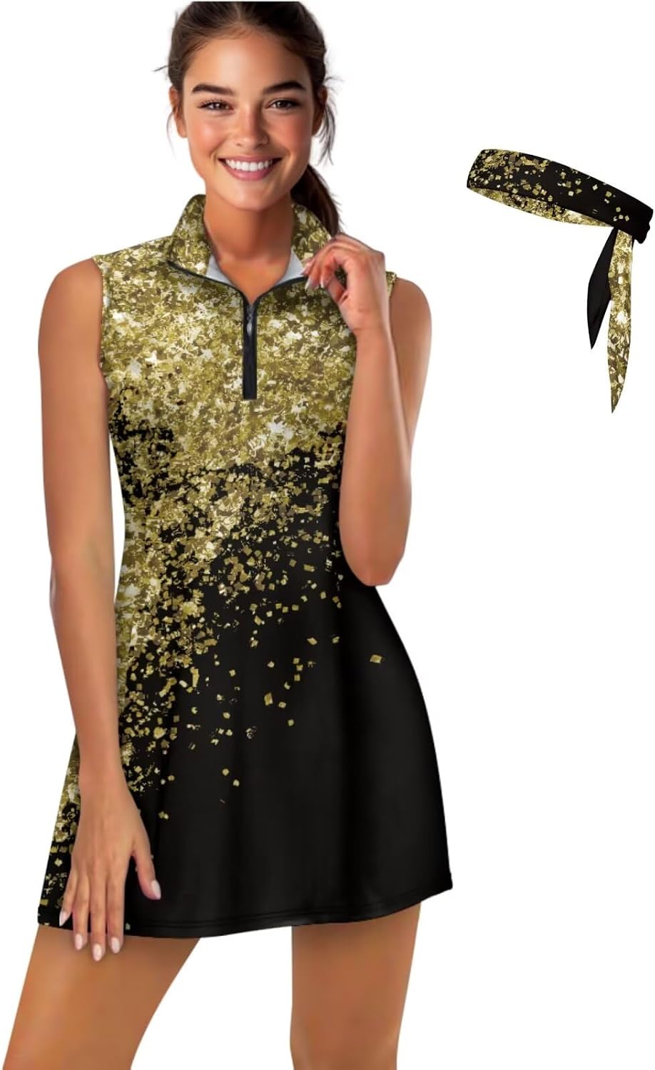 Womens Tennis Dress with Built in Shorts Pockets Workout Headbands Sleeveless Athletic Dress Fitness Golf Outfits