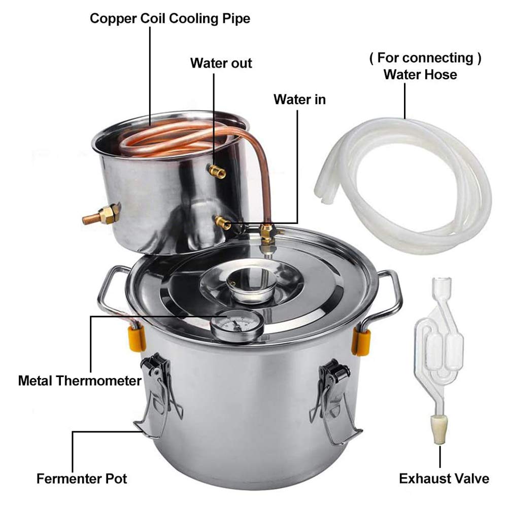 JIXIN Alambique, 3Gal 12L Destilador De Alcohol Moonshine Todavía Termómetro Incorporado Kits De Destilación Caldera Kit De Elaboración Casera De Acero Inoxidable (3Gal / 12L)