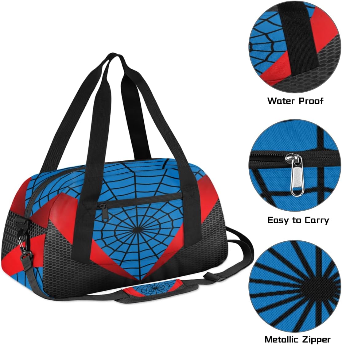 Gym Travel Duffle Bag for Boys - Blue Red Spider Web Kids Overnighter Weekend Bag with Front Zipper Pocket for School Practice, Teens Carry-On Size Sleepover Bags - Image 3
