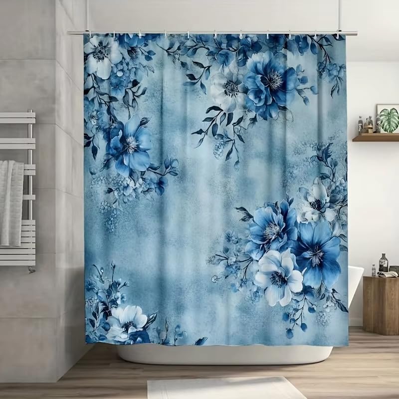 Rideau de douche imperméable à fleurs bleues en polyester anti-moisissure et robuste - 7