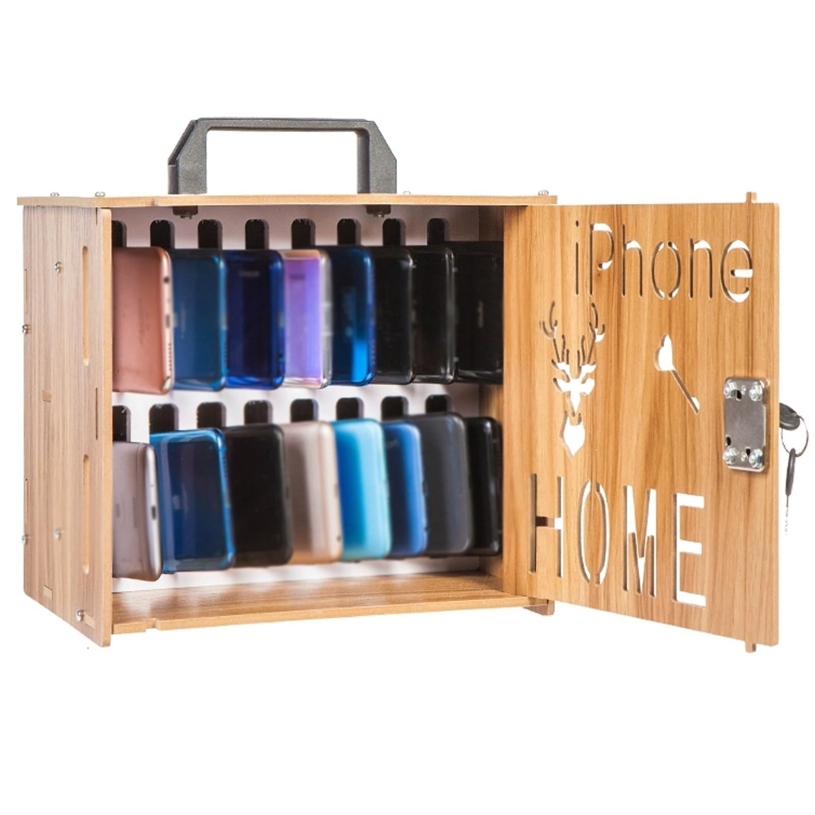 Casier de téléphone portable avec poignée et serrure sécurisée en bois