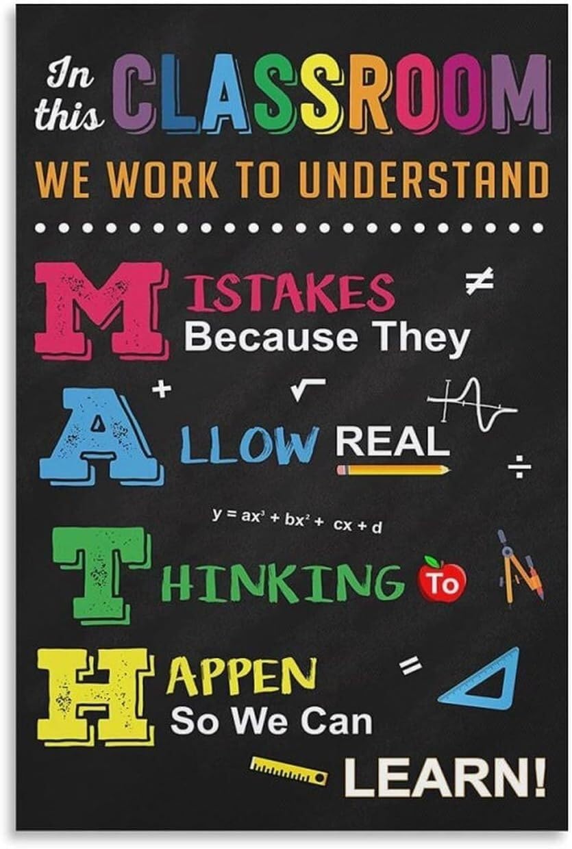TAMDDBPJD Inspirational Math Classroom - Mistakes Allow Thinking to Happen, Educational Wall Decor for Elementary Middle School, Teacher Supplies(Framed,16x24inch(40x60cm))