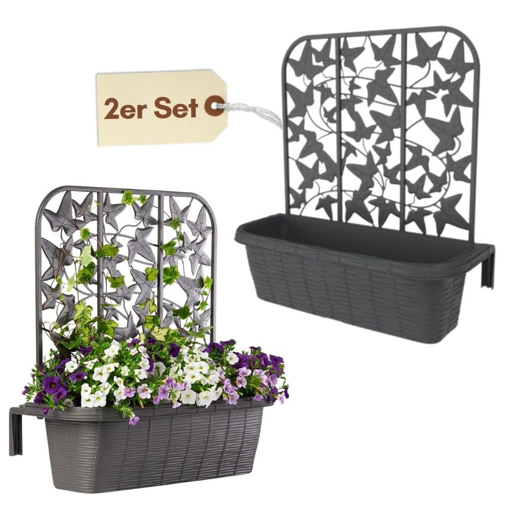 GarPet 2er Set Blumenkasten Balkon Balkonkasten mit Spalier Pflanzkasten mit Wasserspeicher Blumenkasten Geländer Kasten Balkongeländer Geländerkasten 60 cm Rattan Anthrazit