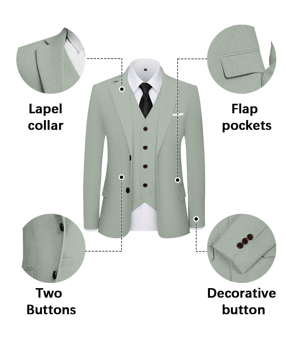 Completo da uomo in lino leggero da 3 pezzi, composto da giacca, gilet, pantaloni, stile casual, completo per matrimonio, lavoro, ballo di fine anno