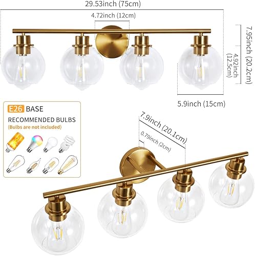 Miniatura 2 de Lámparas de baño sobre espejo, 4 luces, lámpara de tocador de baño con pantalla de vidrio transparente de 29.5 pulgadas, moderna lámpara de tocador