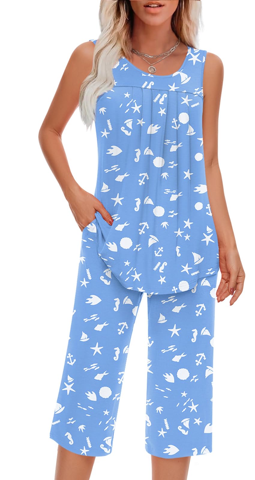 Findsweet Women Pajamas Sets Loungewear Soft Sleepwear Two Piece Summer Sleeveless Pjs Tank Top Pants with Pocket M-3XL