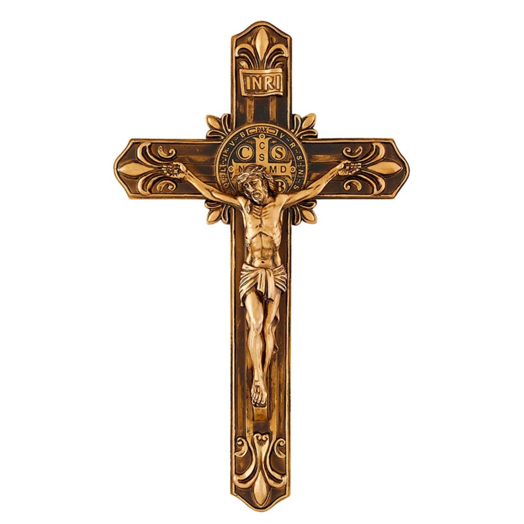 Saint Benedict Gold Toned Fleur-De-Lis Wall Crucifix, Wall Hanging Décor, Religious Gift, 12.5 Inches