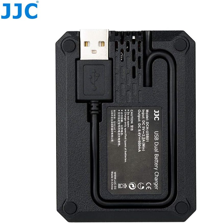 Назад view of JJC USB Dual Battery Charger showing specifications and built-in USB cable