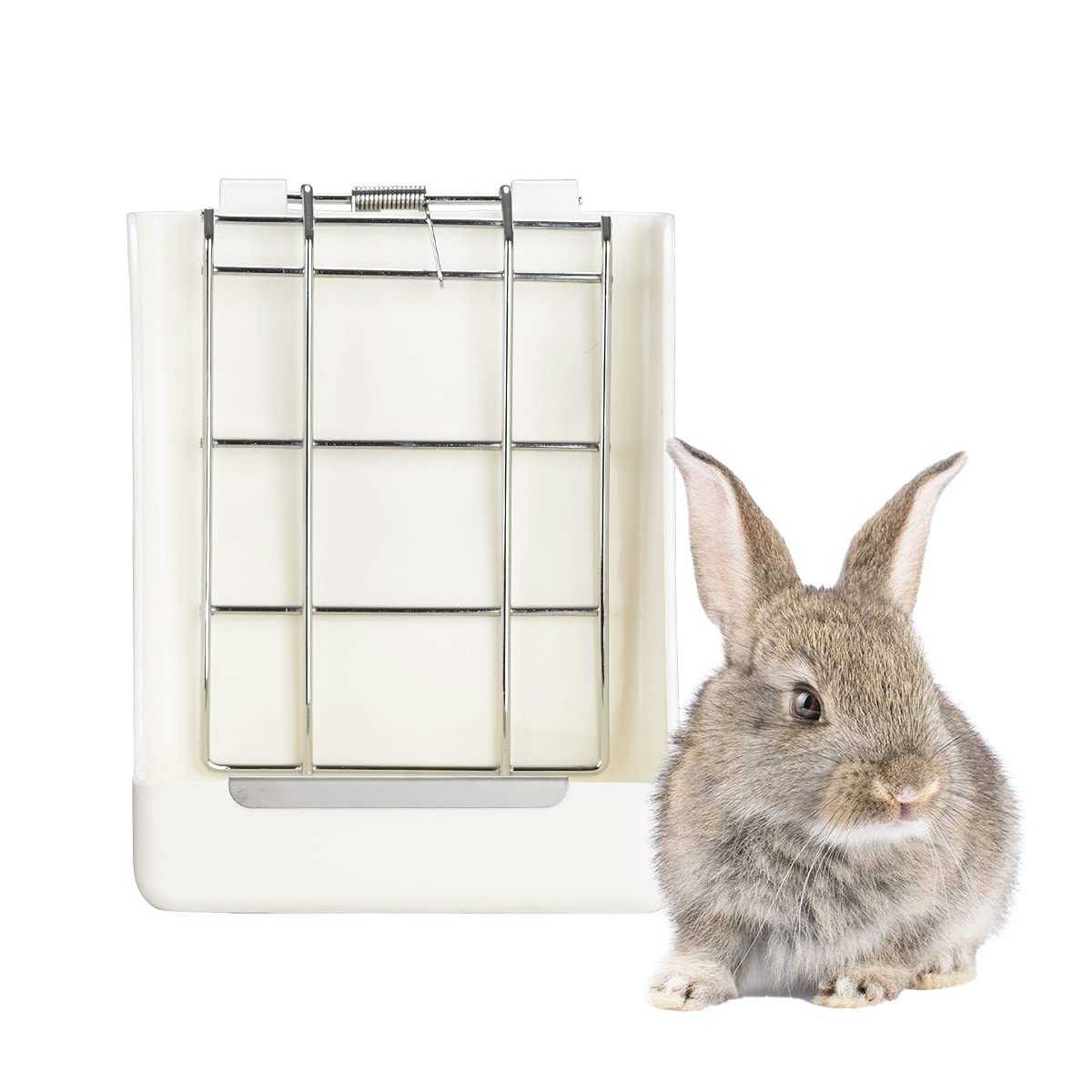 Kikuo Comederos de Heno de Conejo (Mallas Metálicas y Plástico), Productos para Mascotas, Platos para Cobayas/Chinchilla, Dispensador de Alimentos para Animales Pequeños - Blanco