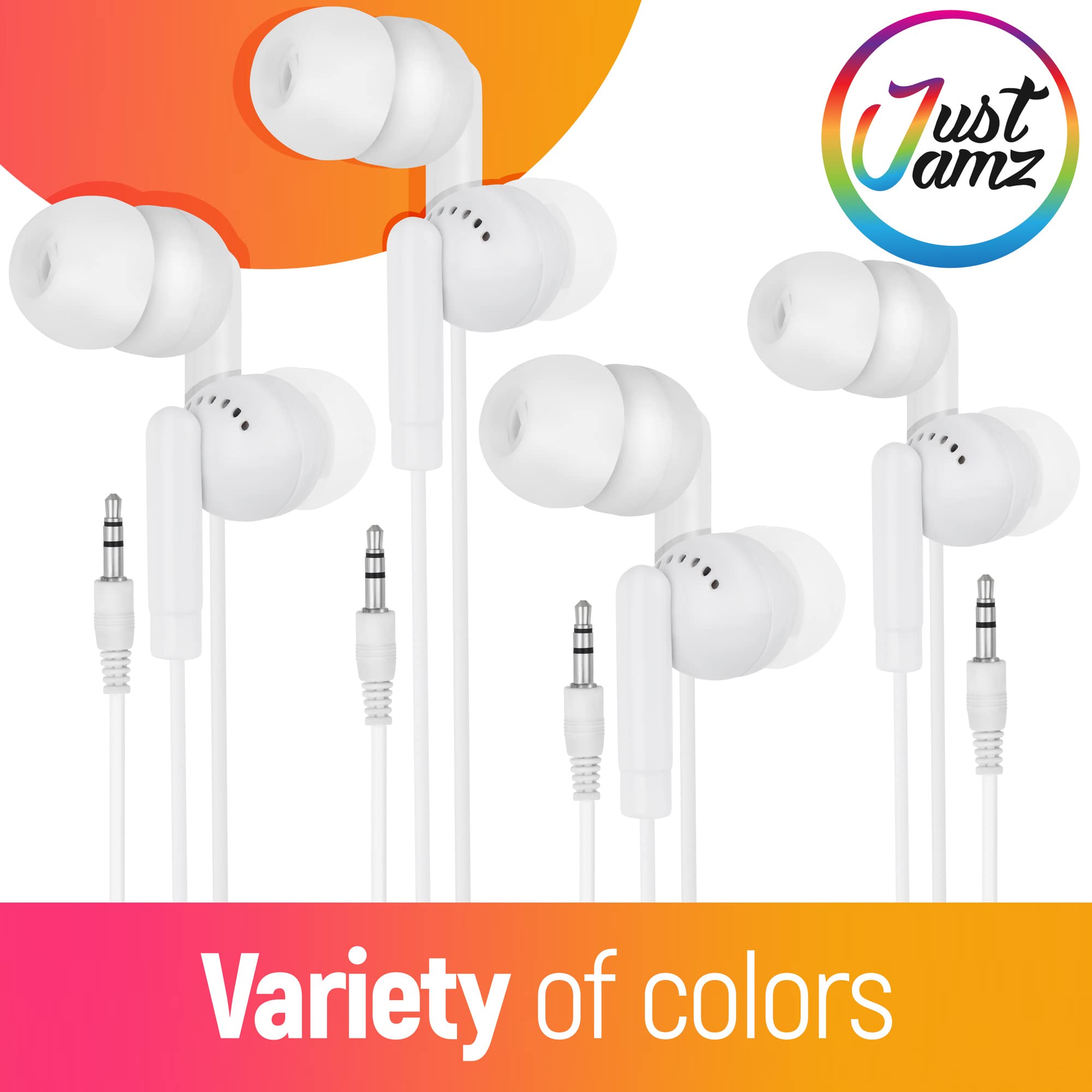 JustJamz® Basic | 100 Stück | Schüttgut einfache Ohrhörer, perlweiße In-Ear-Ohrhörer, 3.5-mm-Audiobuchse, Einweg-Kopfhörer für Schulen, Klassenzimmer und Bibliotheken