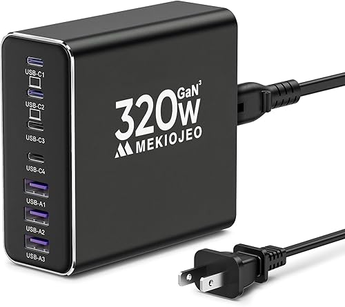 Cargador USB C de aleación de aluminio de 320 W, cargador GaN, estación de carga rápida USB C, 7 puertos, 65 W, cargador de portátil para MacBook
