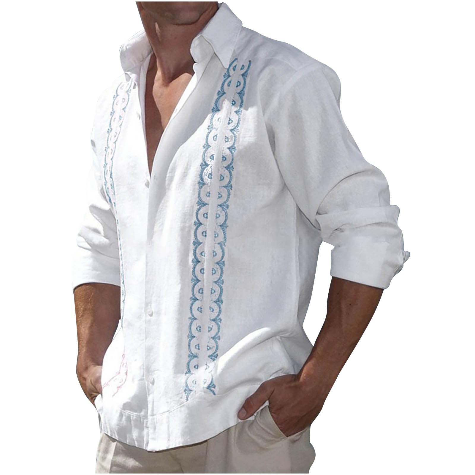 Men's Cuban Guayabera Shirts - Casual Long Sleeve Cotton Linen Button Down Shirt Summer Regular Fit Beach Tops