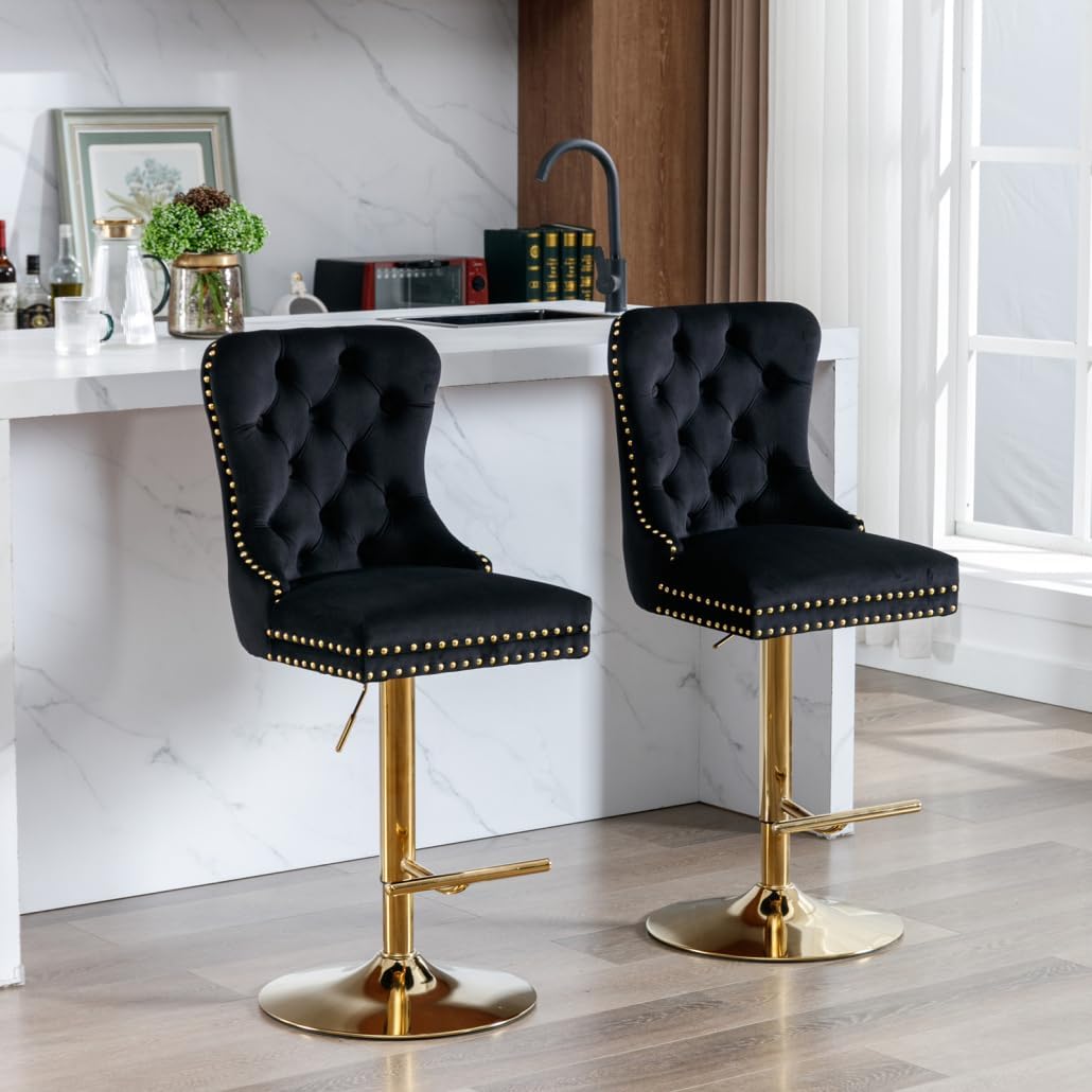 Swivel Bar Stools Set of 2, Velvet Upholstered Barstools Adjusatble Seat Height from 27-35 Inch, Bar Stools with Backrest for Home Pub and Kitchen Island, Black+Gold