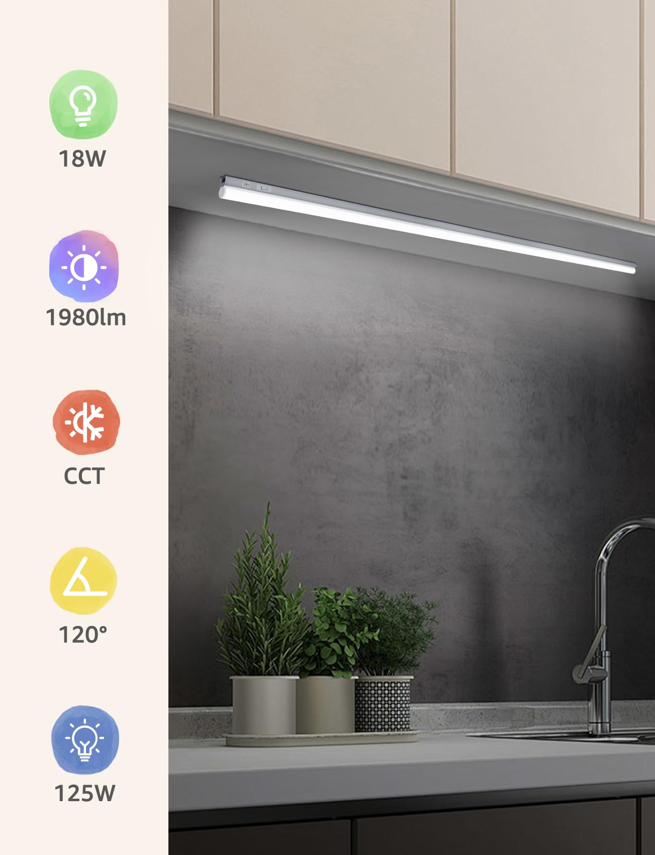 Aigostar Luz LED Cocina con Interruptor 18W Luces Armarios, 3000K/4000K/6500K, 230V Regleta LED Bajo Armarios para Cocina, Vestidor, Armario 1178 * 34 * 23mm, 2 pcs