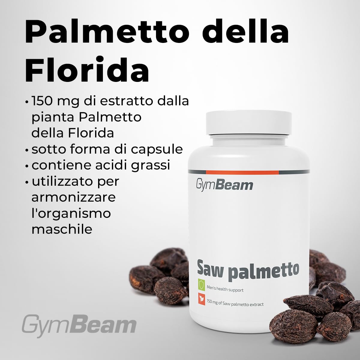 GymBeam Palmetto della Florida Capsule 150 mg - Estratto di Serenoa Repens - Integratore Vegano Ricco di Acidi Grassi e Flavonoidi per il Benessere Maschile - 90 capsule