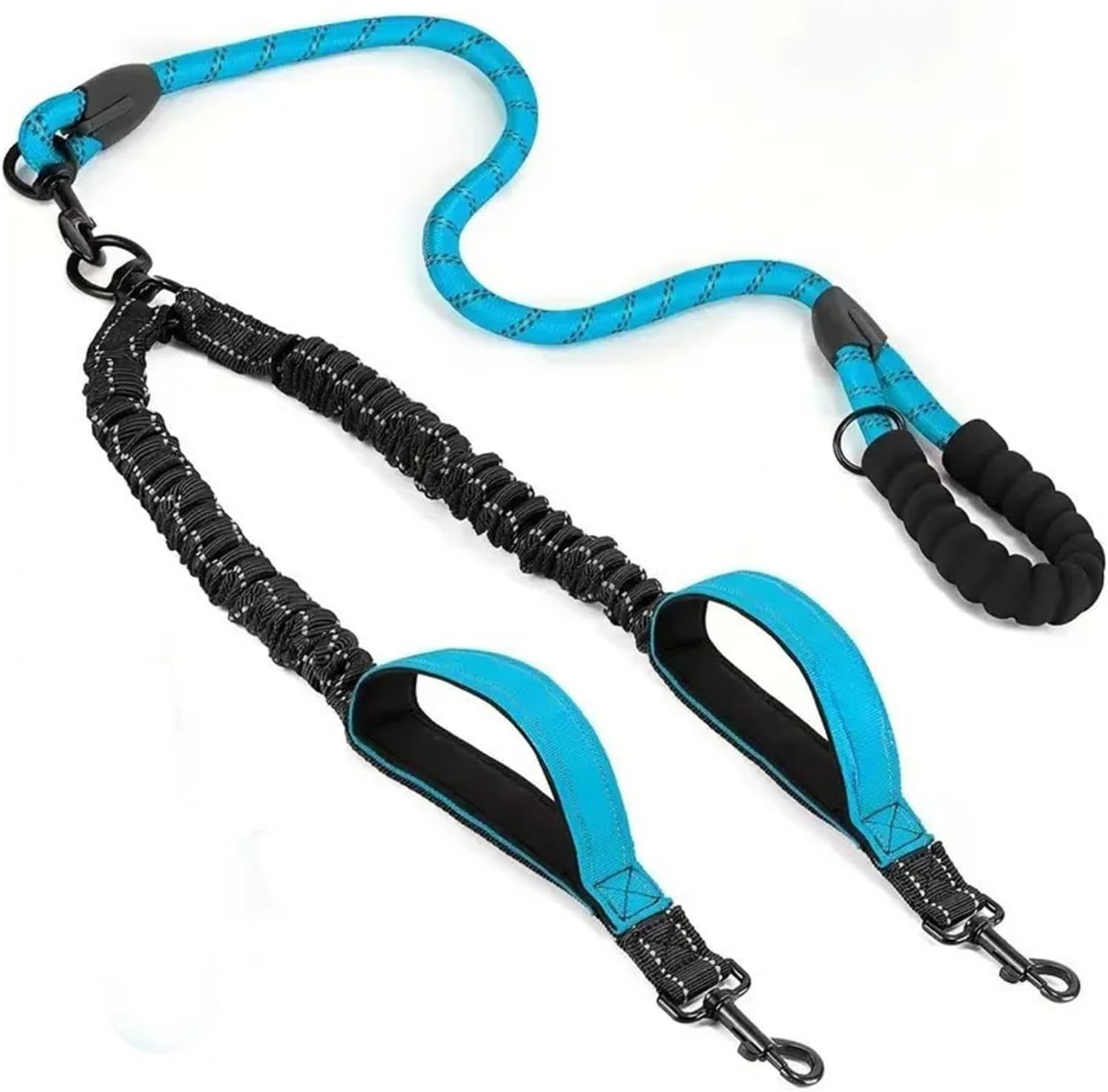 Reflective Double Dog Leash with Two Extra Traffic Handles: 360 Swivel No Tangle Dual Walking Leash, Comfortable Shock Absor(Sky Blue)