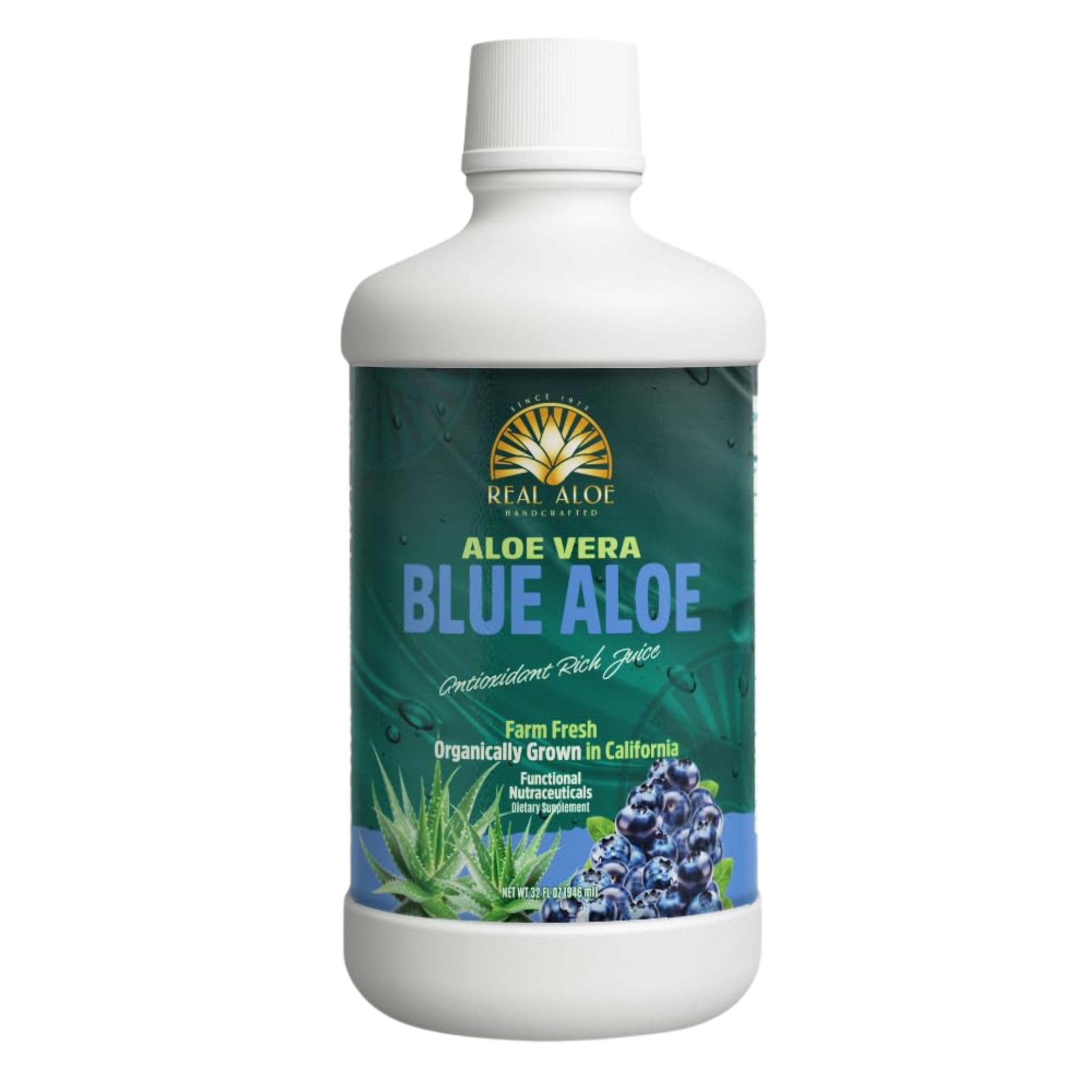 Organic Aloe Vera Juice with Blueberry (32 fl oz) | Certified Organic California-Grown Inner Leaf Aloe | Aloin-Free Liquid Dietary Supplement | Made in USA