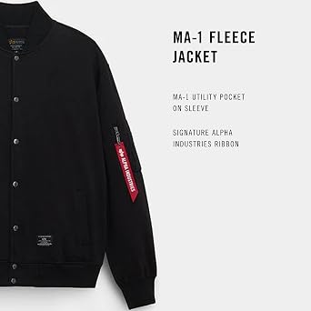 Alpha Industries MA-1 Fleece Jacket Soft Cotton Blend Utility Pocket Ribbed Cuffs and Hem Classic Military Inspired Design