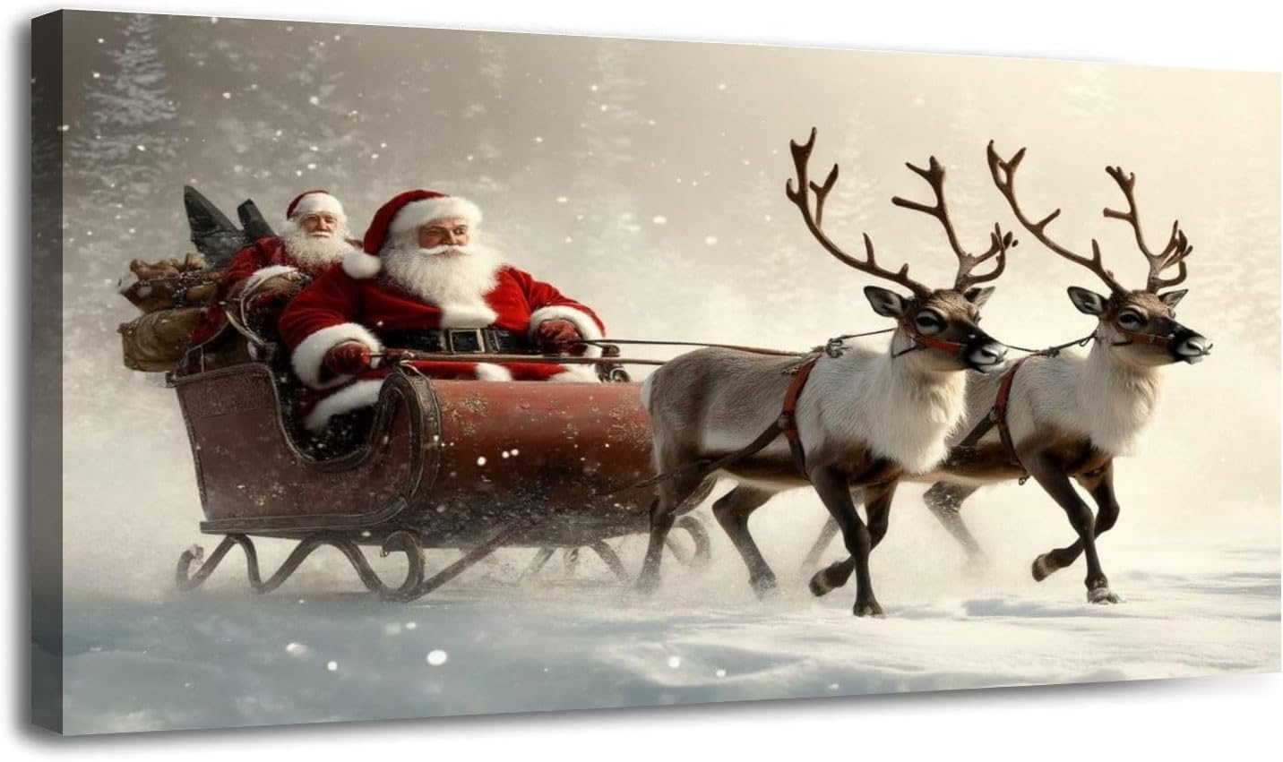 Lienzo decorativo de 30 x 60 pulgadas, diseño vintage de Navidad, Papá Noel, reno, rústico, acogedor, invierno, nevado, enmarcado, impresiones