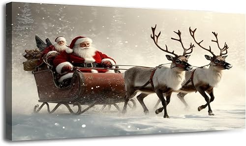 Lienzo decorativo de 30 x 60 pulgadas, diseño vintage de Navidad, Papá Noel, reno, rústico, acogedor, invierno, nevado, enmarcado, impresiones