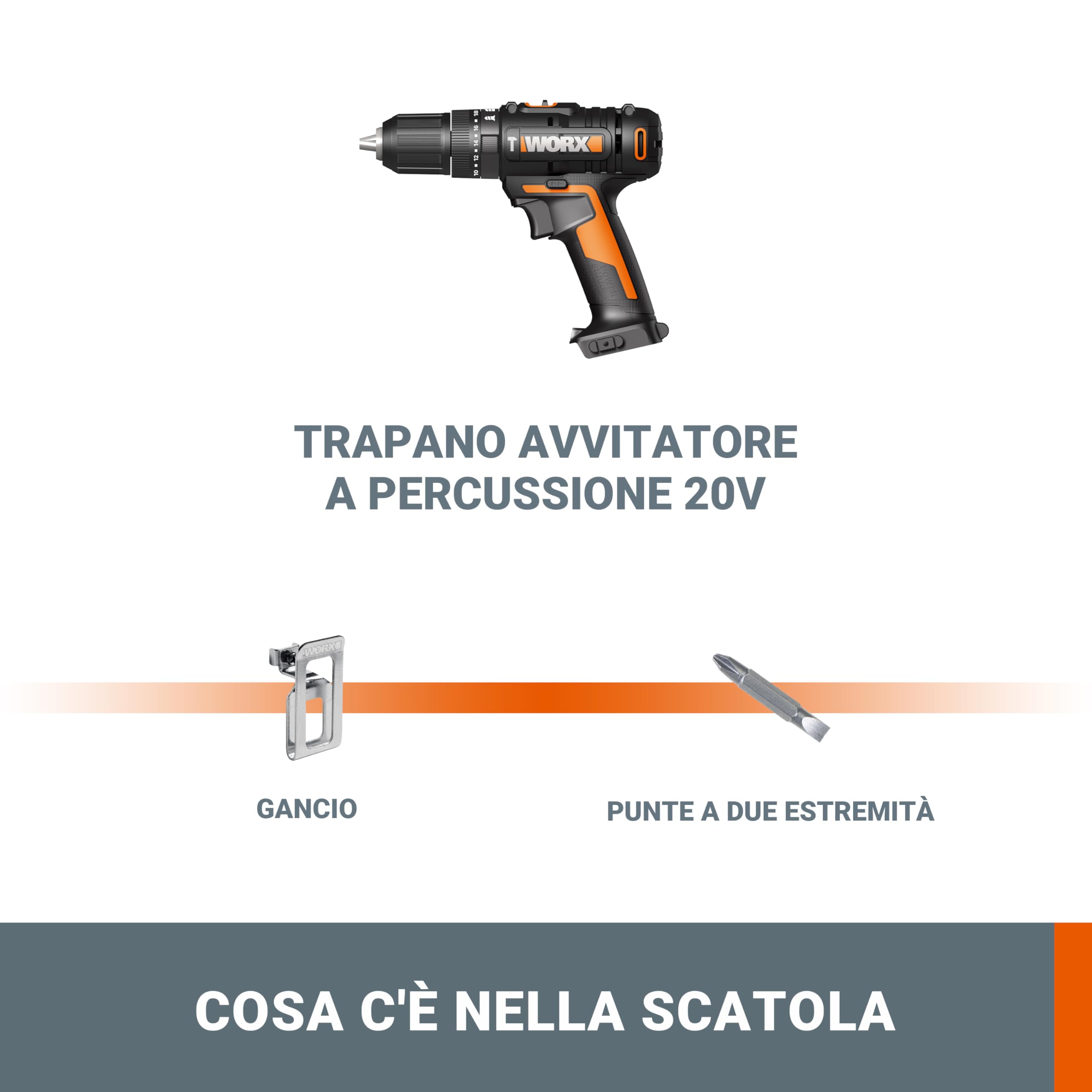 WORX WX370.9 - Trapano avvitatore a percussione a batteria 20 V, 50 Nm, 2 marce e luce LED