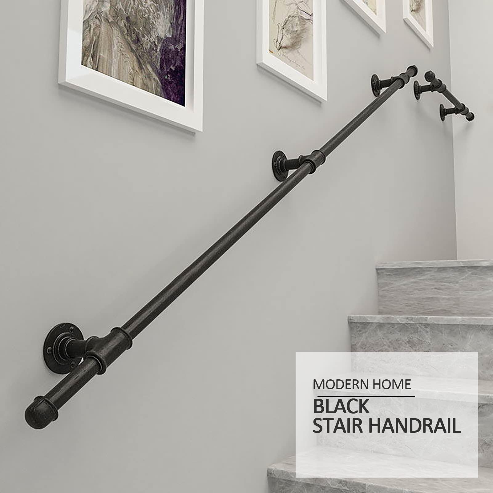 Geländer-Set für drinnen und draußen, 7,8 m, schwarzes Eisengeländer mit verstellbaren 30 cm6 m Wandhalterungen und Metallschrauben, ideale Treppen-Sicherheitslösung, langlebiges und stilvolles Design