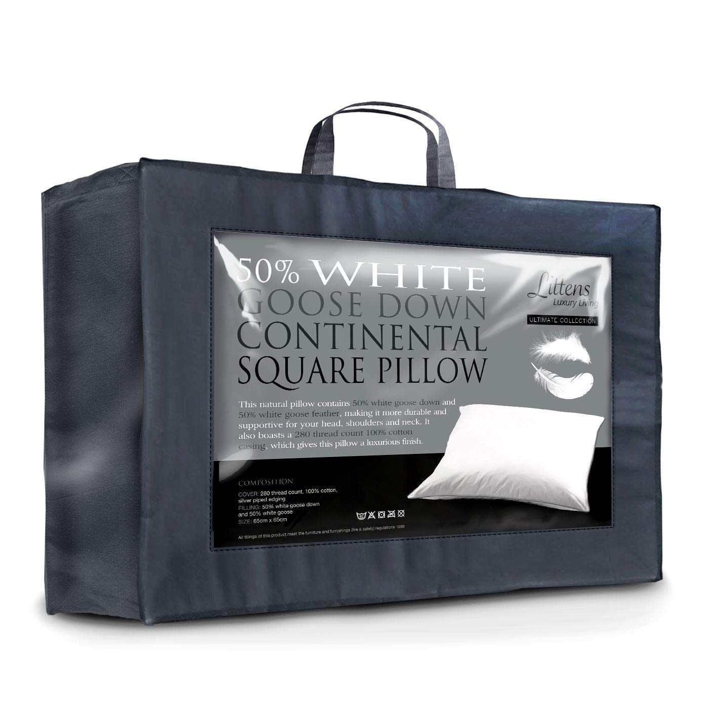 Littens Luxury European Continental 65cm x 65cm Ultimate Collection 50% Pure White Goose Down & Feather Square Pillow 280TC 100% Cotton Jacquard Casing, Down Proof (26" x 26")