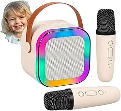 Kirk Mini Karaokê Infantil Portátil com 2 Microfones Sem Fio | Caixa de Som Bluetooth Compacta, Luzes LED RGB, Voz Mágica | Brinquedo Musical para Presente e Festas (Bege)