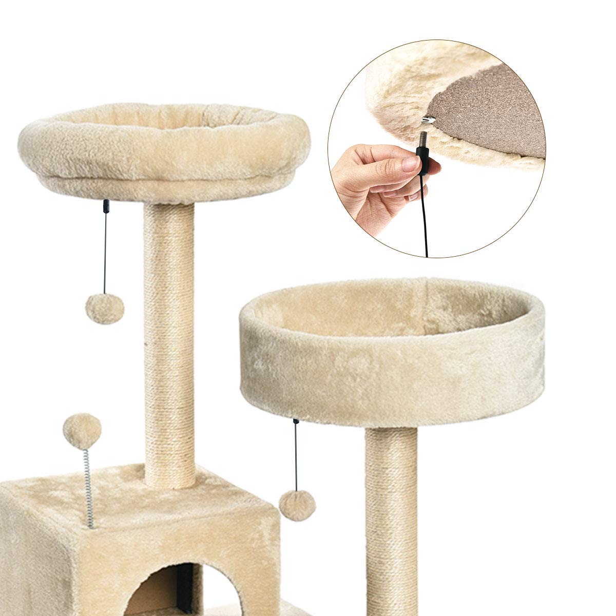 Amazon Basics, Tiragraffi per Gatti, Grande, con due Piattaforme e Casetta, Altezza 127 cm, a Più Livelli, Beige