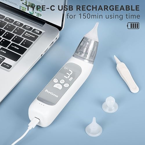 Miniatura 7 de Aspirador nasal eléctrico, chupador de nariz para bebé, limpiador de nariz para niños pequeños con 3 puntas de silicona, 3 niveles de succión,