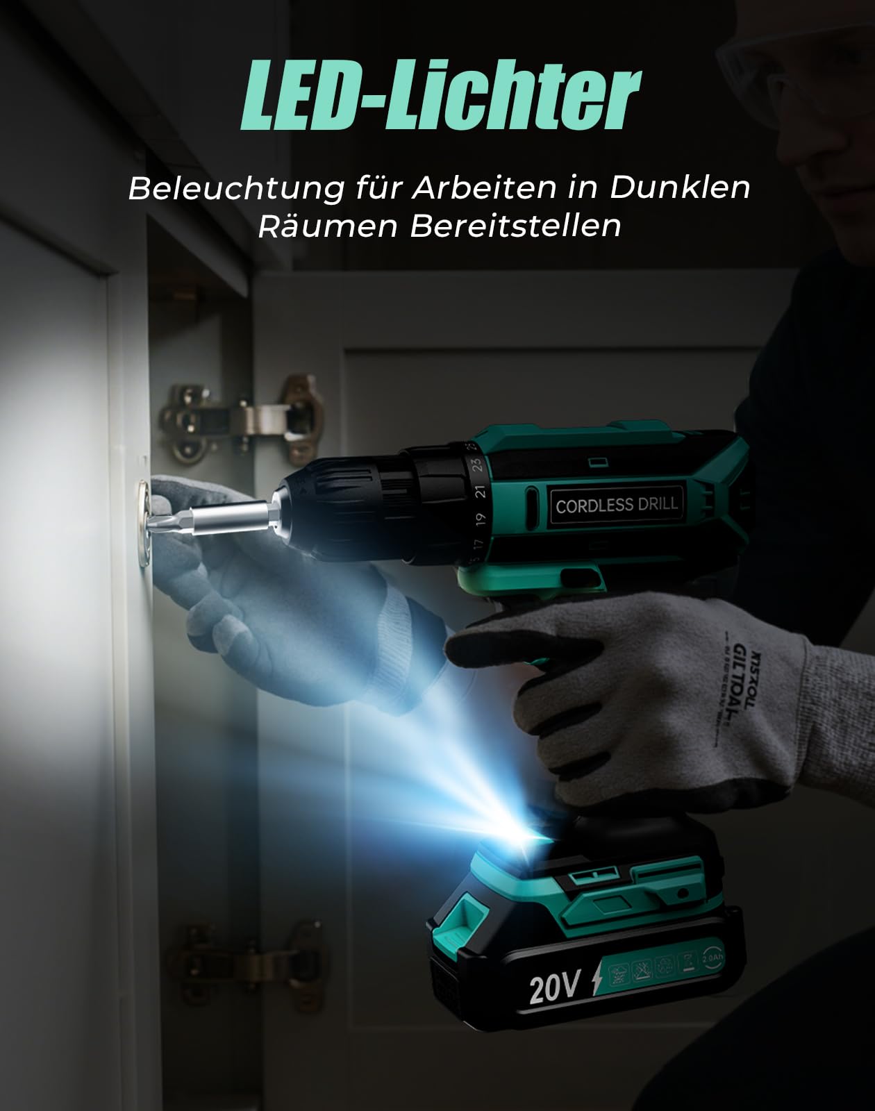 Akkuschrauber, 20V Akku Bohrschrauber, 25+1 Drehmomentstufen Akkubohrer, kompatibel mit Makita 18V Akku, 42Nm Max Drehmoment, LED-Licht, 56 tlg Zubehör Akkuschrauber Set für Reparatur & DIY Cyan