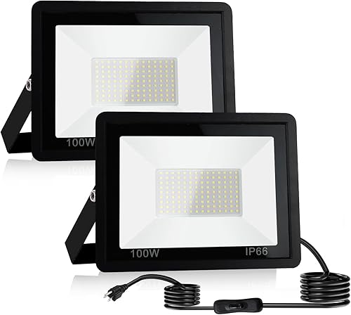LONXITING Paquete de 2 focos LED de 100 W para exteriores, 10000 lúmenes, 6500 K, luz de trabajo exterior con enchufe de 5.9 pies, IP66,