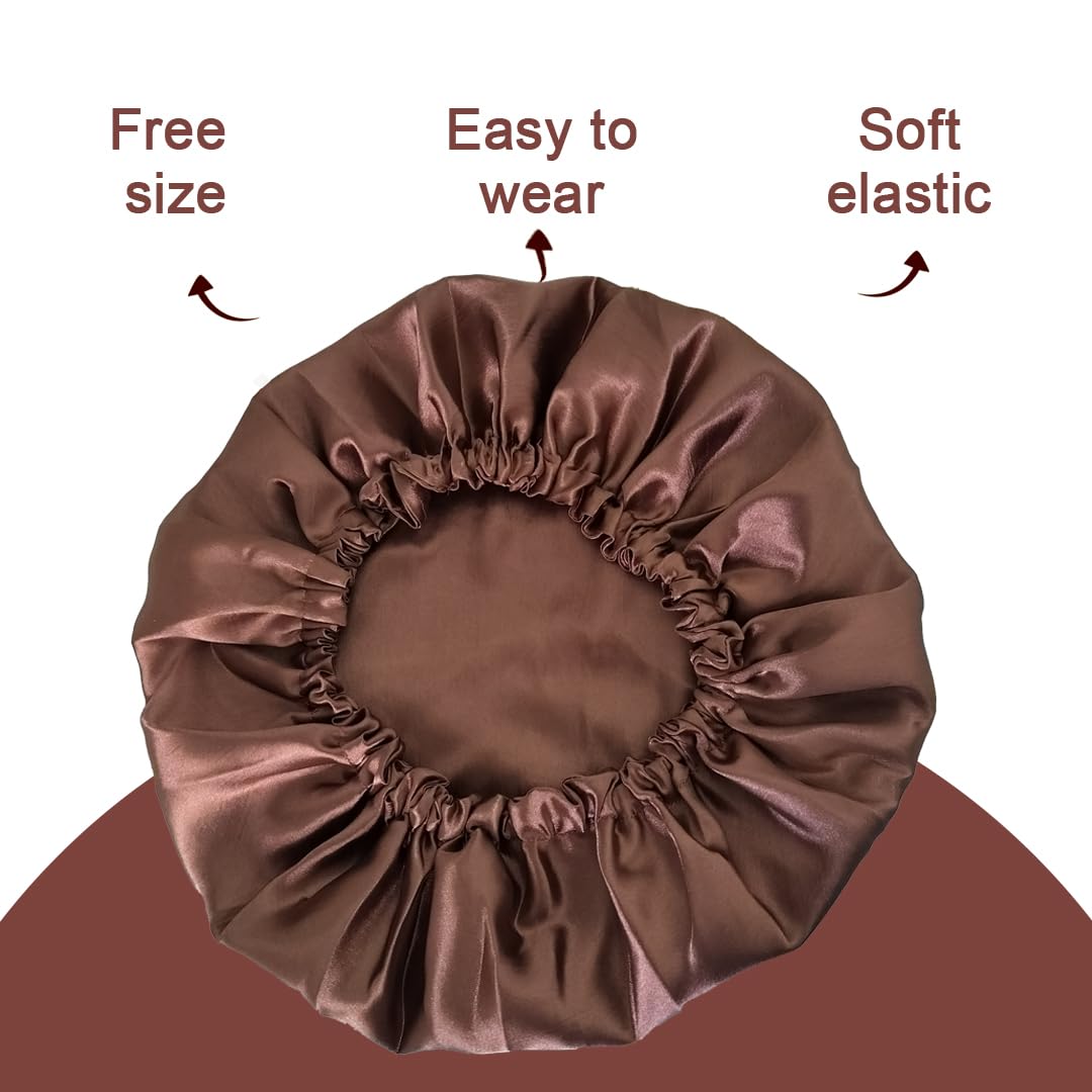 Slymet | Extra Large Double-Layer Satin Hair Bonnet for Sleeping, Frizz-Free Silk Night Cap for Curly and Long Hair, Elastic Satin Sleep Cap for Men and Women (IN, Alpha, Free Size, Buiscuit color) 2