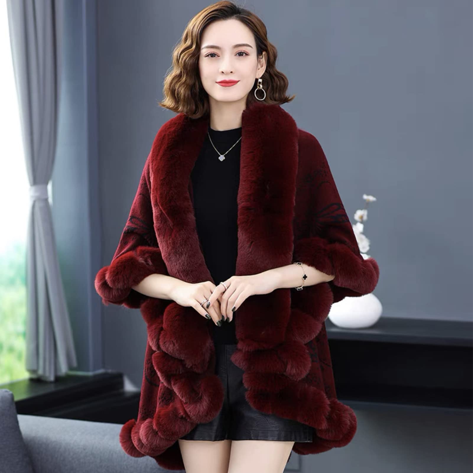 Imitazione Rex Rabbit Fur Collar Capo Lady's Woolen Poncho-Wrap, Lo Scialle Donna Giacca Ispessire Cappotto