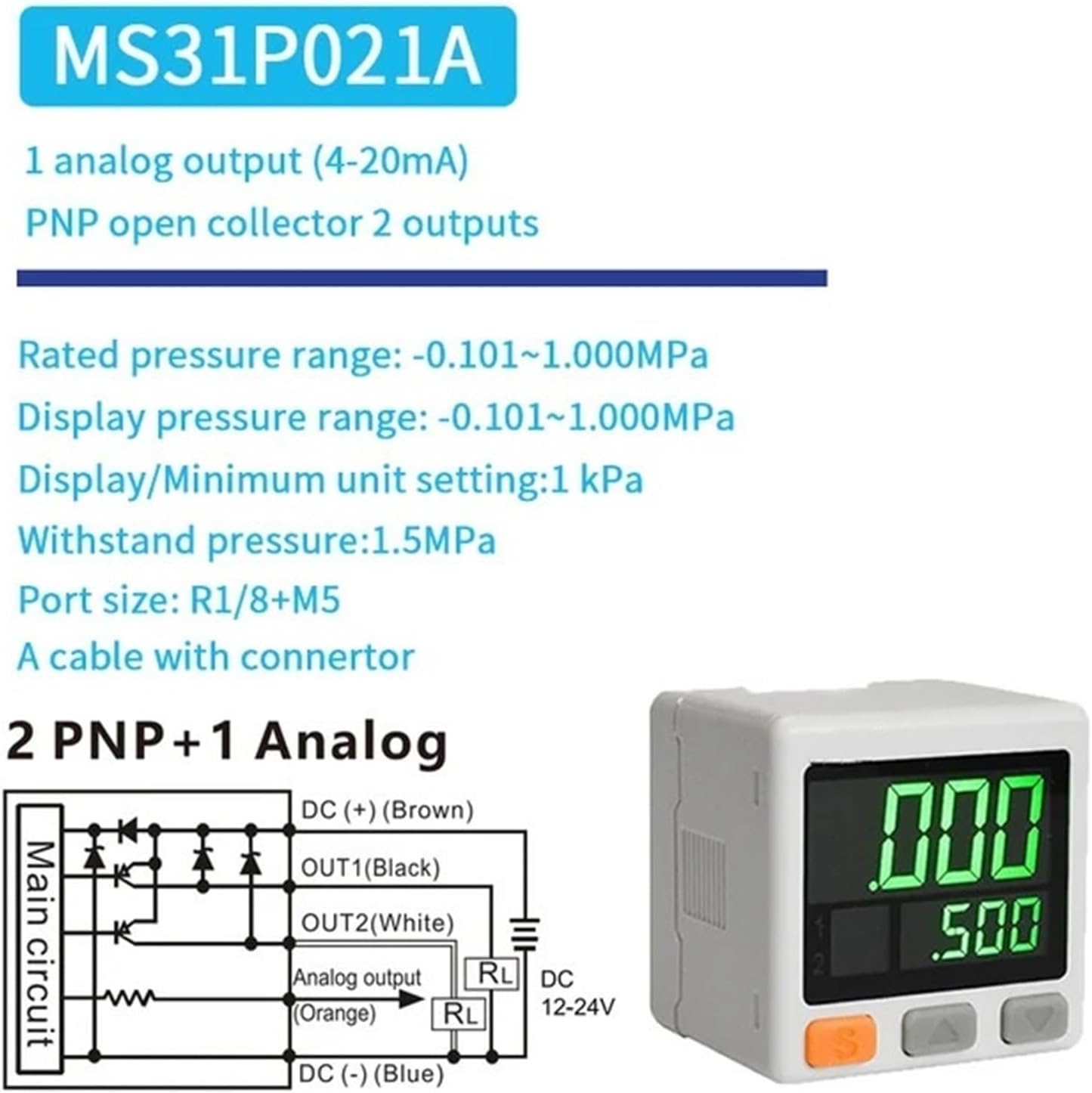 MS31 Digital Display Pressure Switch NPN/PNP Electronic Gauge Vacuum Analog Output(MS31P021A)