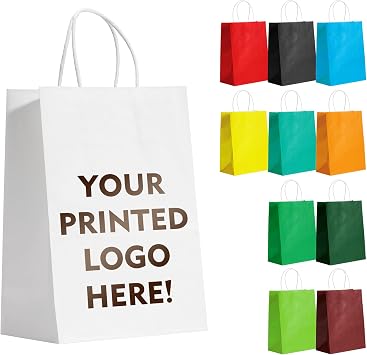 YEEHAW Custom Color Printed Medium Paper Bags 50 Count, 8x4.5x10.8 Inch Personalized Kraft Paper Bags with Personal Logo, Ideal for Brand Promotion in Retailing, Gift Wrapping and Shopping