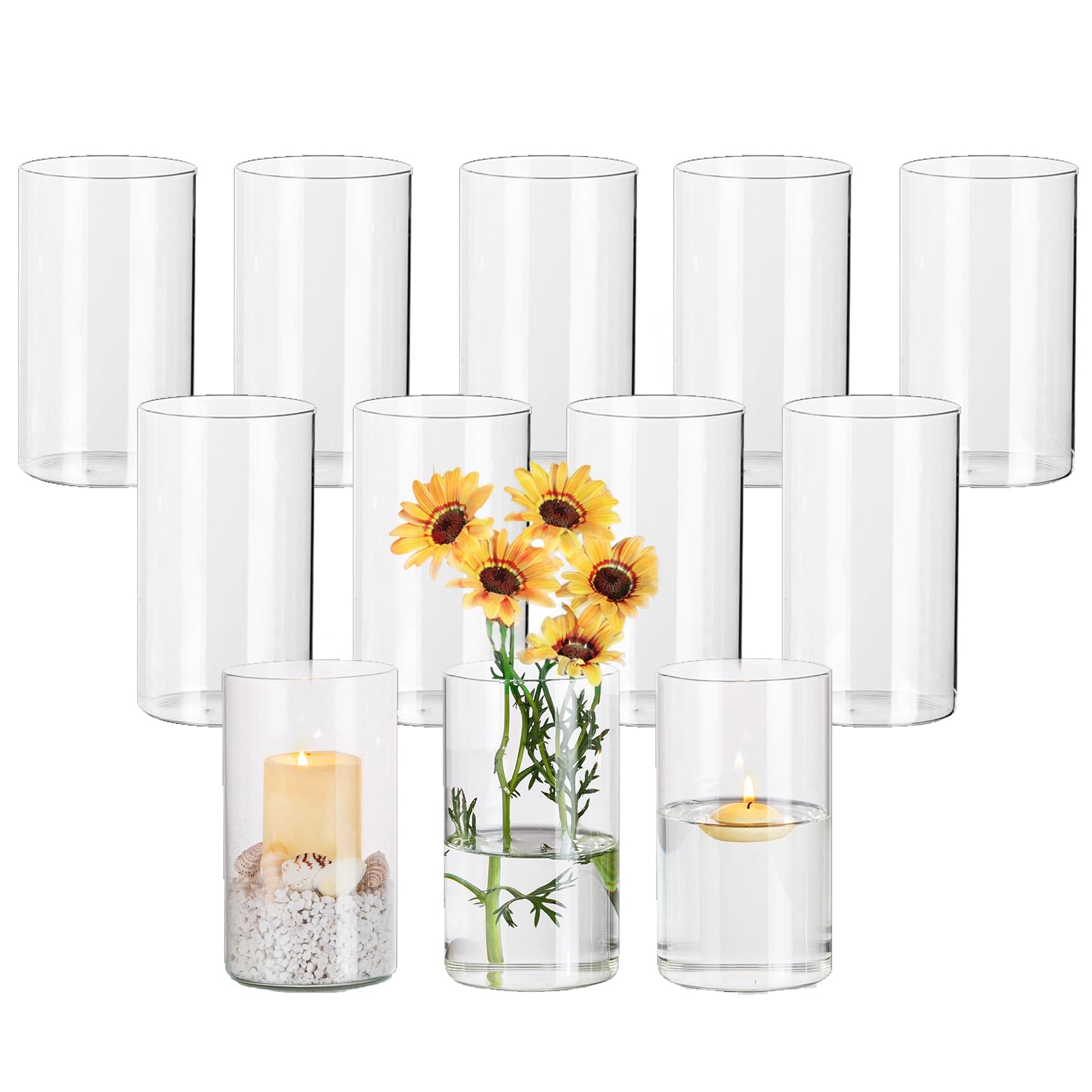Hewory Portavelas de Vidrio Hurricane Cilindro: 12 Piezas Porta Velas Decorativas Centro de Mesa Decorativo Salon, Jarrones de Cilindro Vidrio para Velas Flotantes Pilar Portavelas Decoracion de Boda