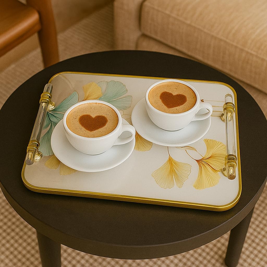 16" x 12" -13''x9'' Double Decorative Tray Gold Polished Metal Handle Acrylic Serving Tray, Home Decor Elegant Ginkgo Leaf Design Serving Tray Set (Gold Blue Gray)