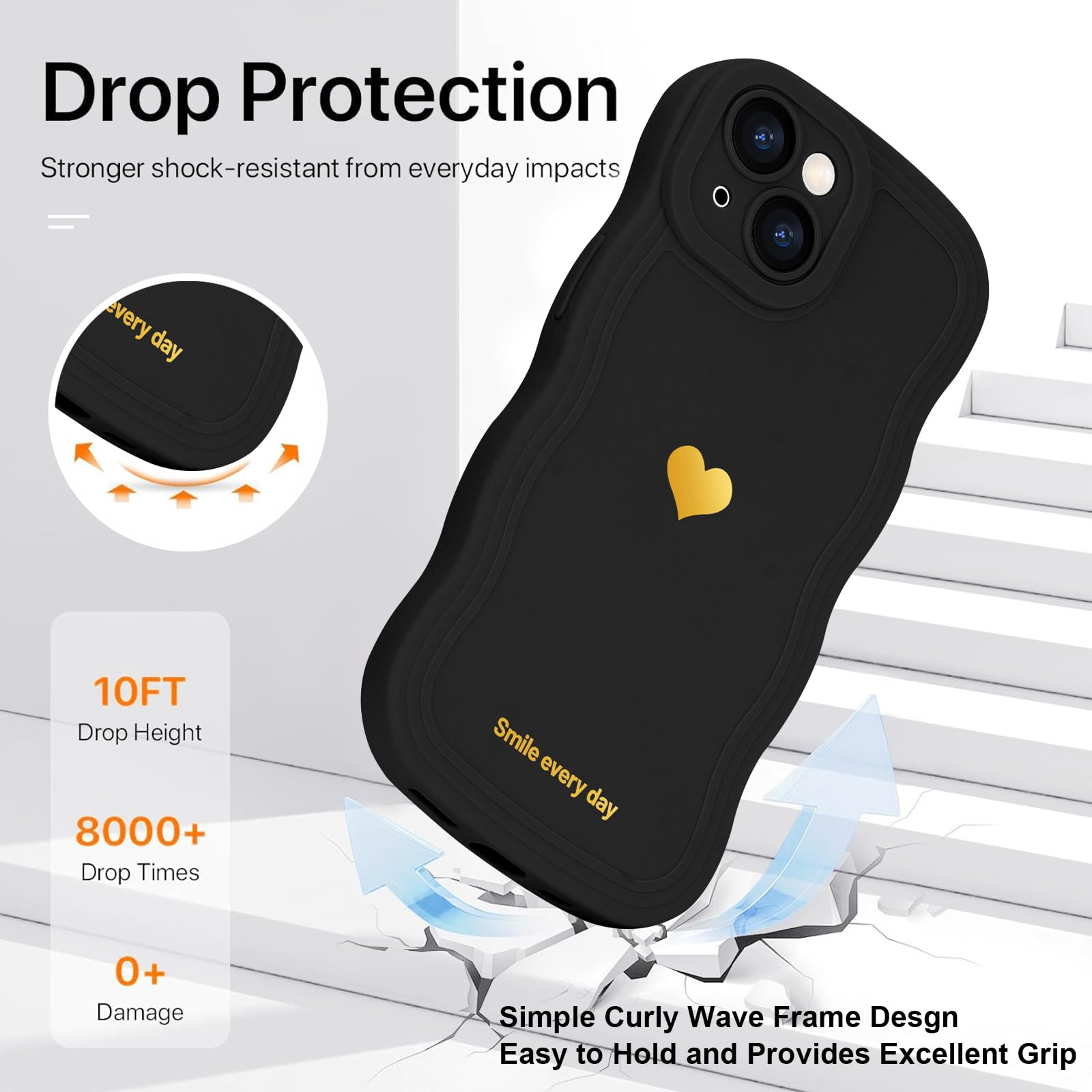 LAPOPNUT for iPhone 14 Case,Cute Curly Wave Frame Love Heart Phone Case for Girls Women,Soft Silicone TPU Bumper Shockproof Camera Protective Cover for iPhone 14 6.1 inch,Black - Image 4