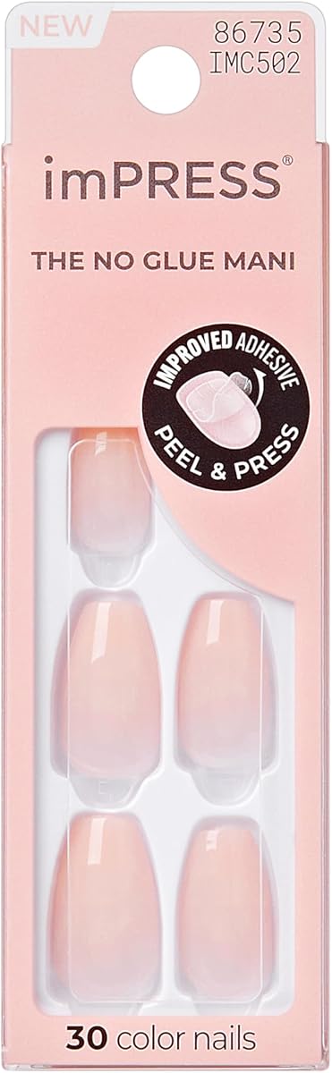 Kiss Impress No Glue Mani Press On Nails, Color, 'Serendipity', Pink, Medium Size, Coffin Shape, Includes 30 Nails, Prep Pad, 1 Manicure Stick, 1 Mini File