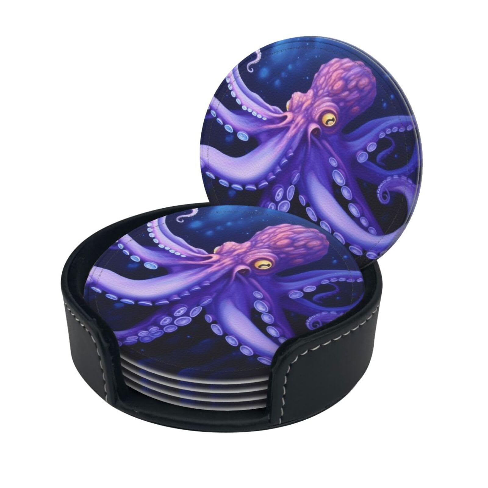 Stylish Coasters - Purple Octopus Set of 6 Round Leather Drink Coasters with Holder - Perfect Size for Cups and Glasses