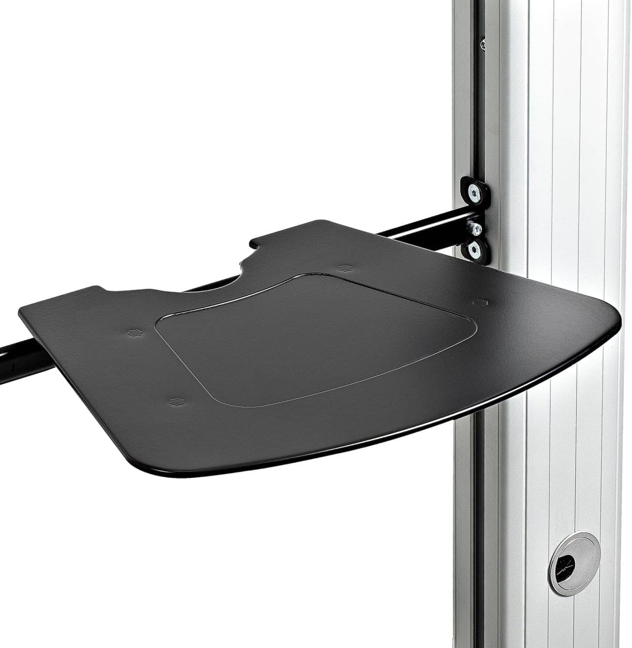 Close-up of the adjustable media shelf on the TV stand