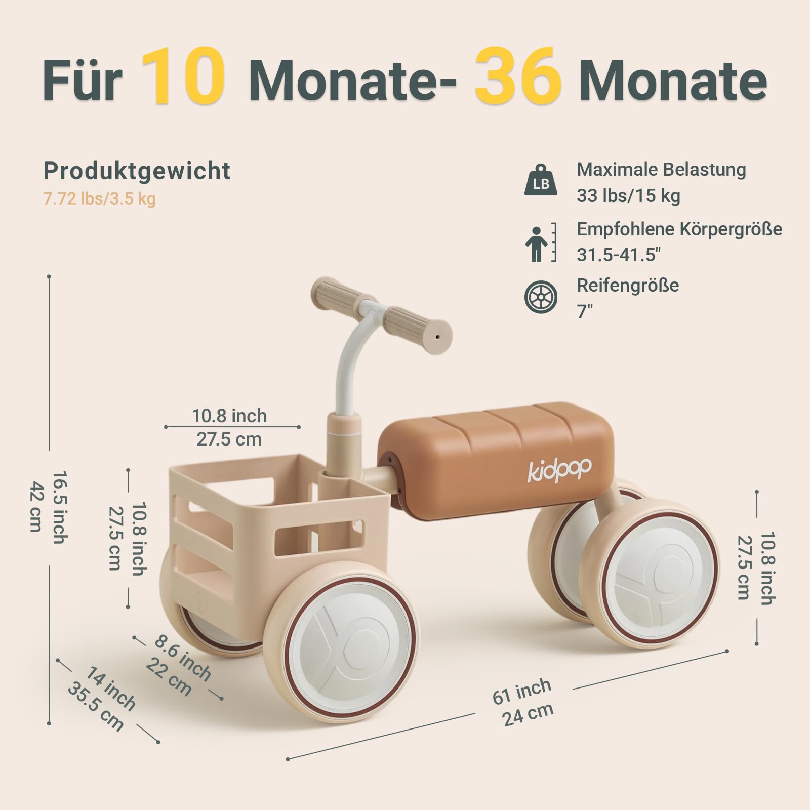 kidpop Toast Balance Bike, Baby-Lauflernhilfe, wandelbarer Schieber, Anti-Kipp-Dreieckrahmen, Abnehmbarer Sitz, Lebensmittel-sicherer Korb, Geschenke für Babys von 10 bis 36 Monaten,Beige | Roller, ausklappbar, abnehmbarer Sitz, dreieckiger Rahmen, sturzs