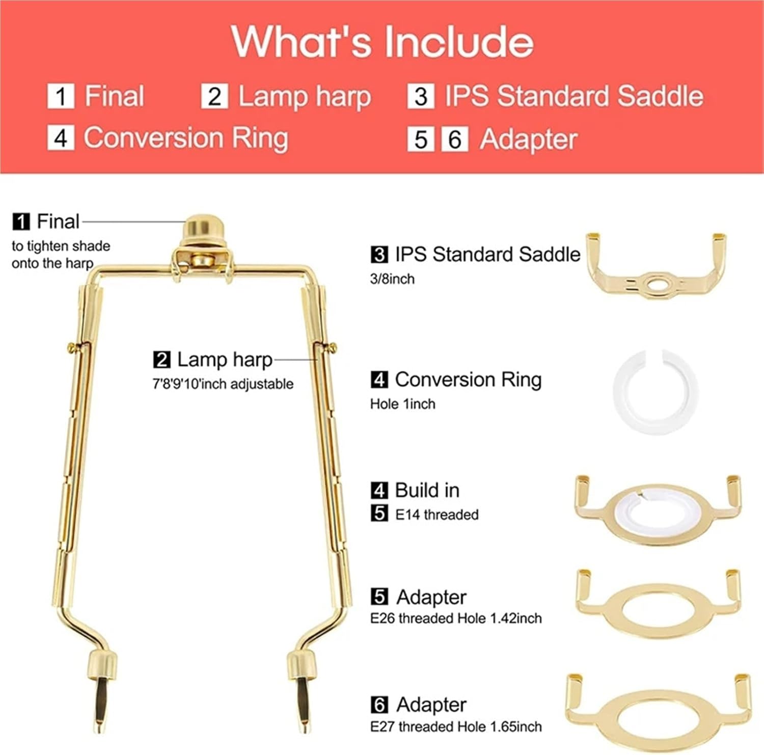 Lamp Harp 2pcs Lamp Shade Harp Holder 7Inch Light Base Adapter Adjustable Kit Gold Horn Frame Lampshade Bracket for Table & Floor Lamps(Gold)