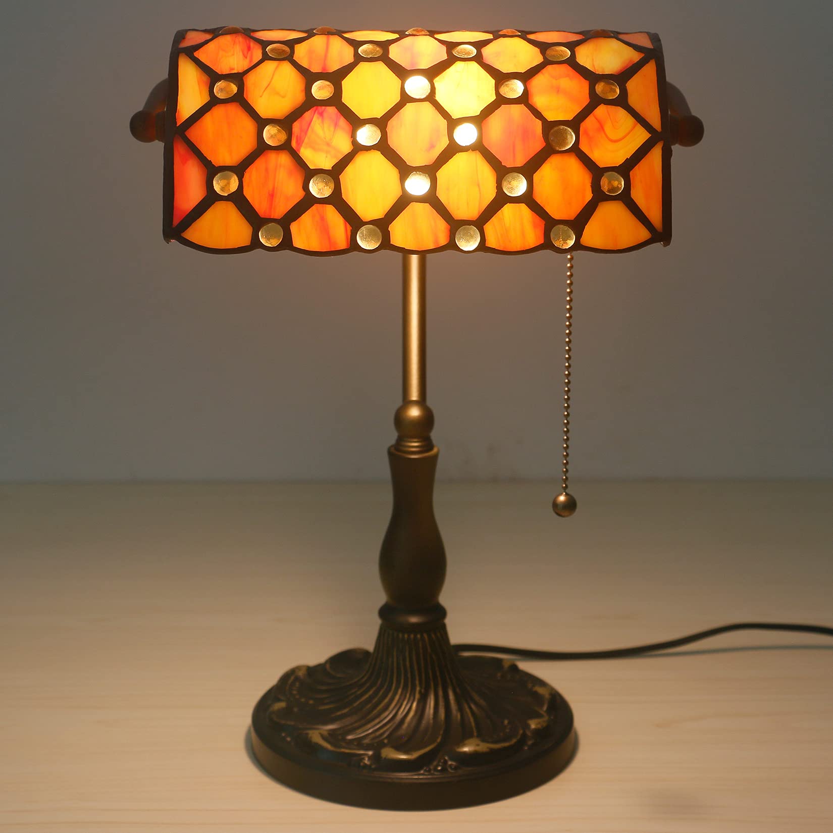 (17 Variation Tiffany Bankiers Tischlampe, Buntglaslampe, Kristallperlen Schreibtischlampe, Studienschlafzimmer Nachts Leselampe,Orange Yellow Glass Bead Shade
