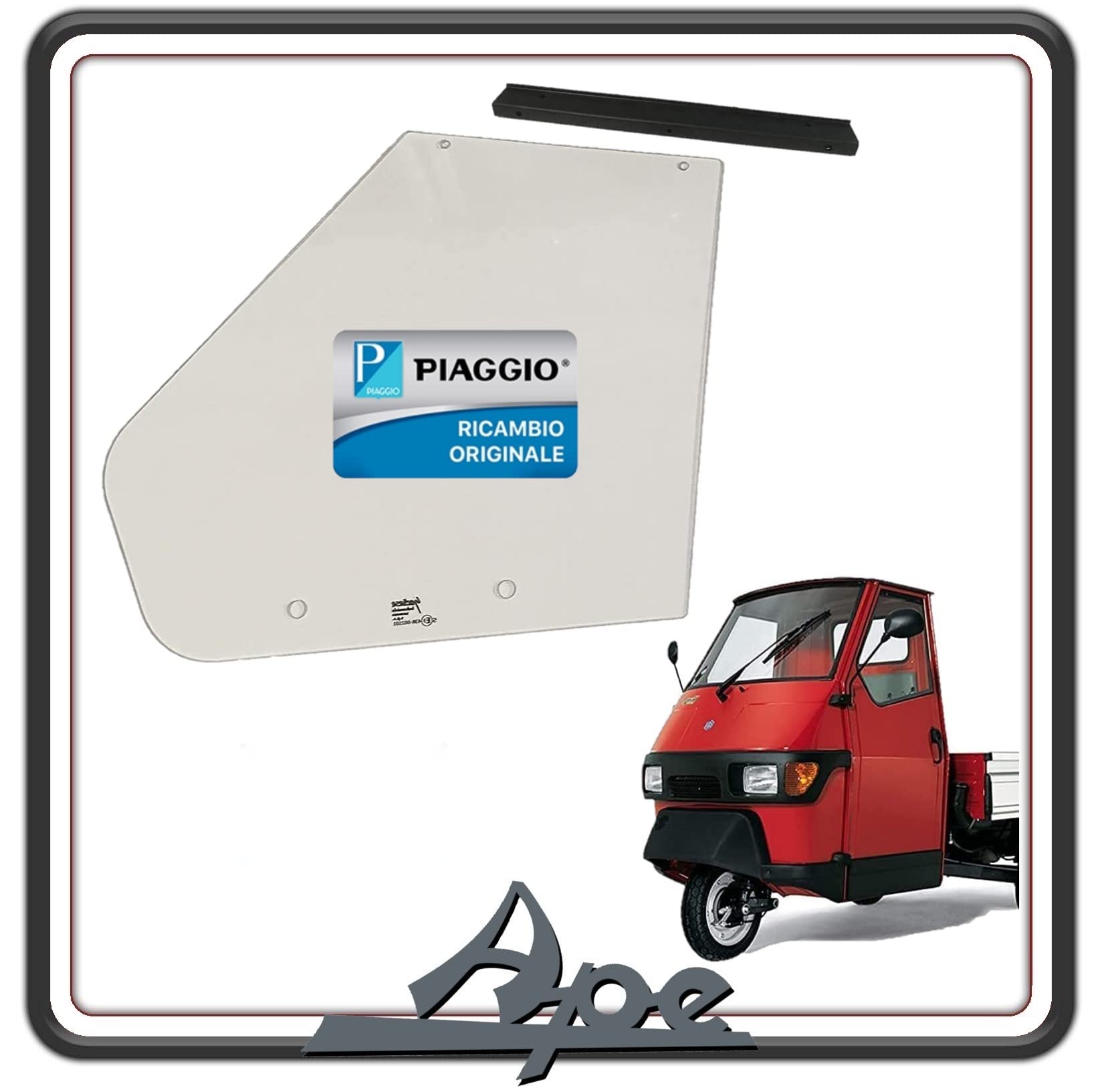 VETRO CRISTALLO FINESTRINO PORTELLO ANTERIORE LATO SINISTRO COMPLETO DI PROFILATO GUARNIZIONE DI SOSTEGNO PER PIAGGIO APE 50.